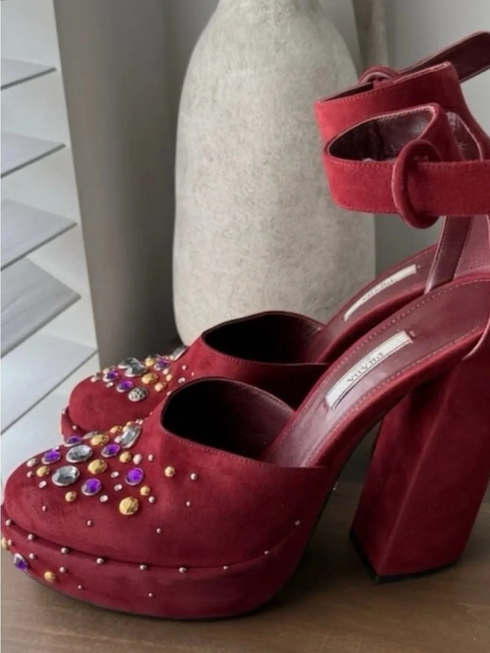 Prada Burgundy Suede Gem-Embellished Mules - Picture 5 of 5